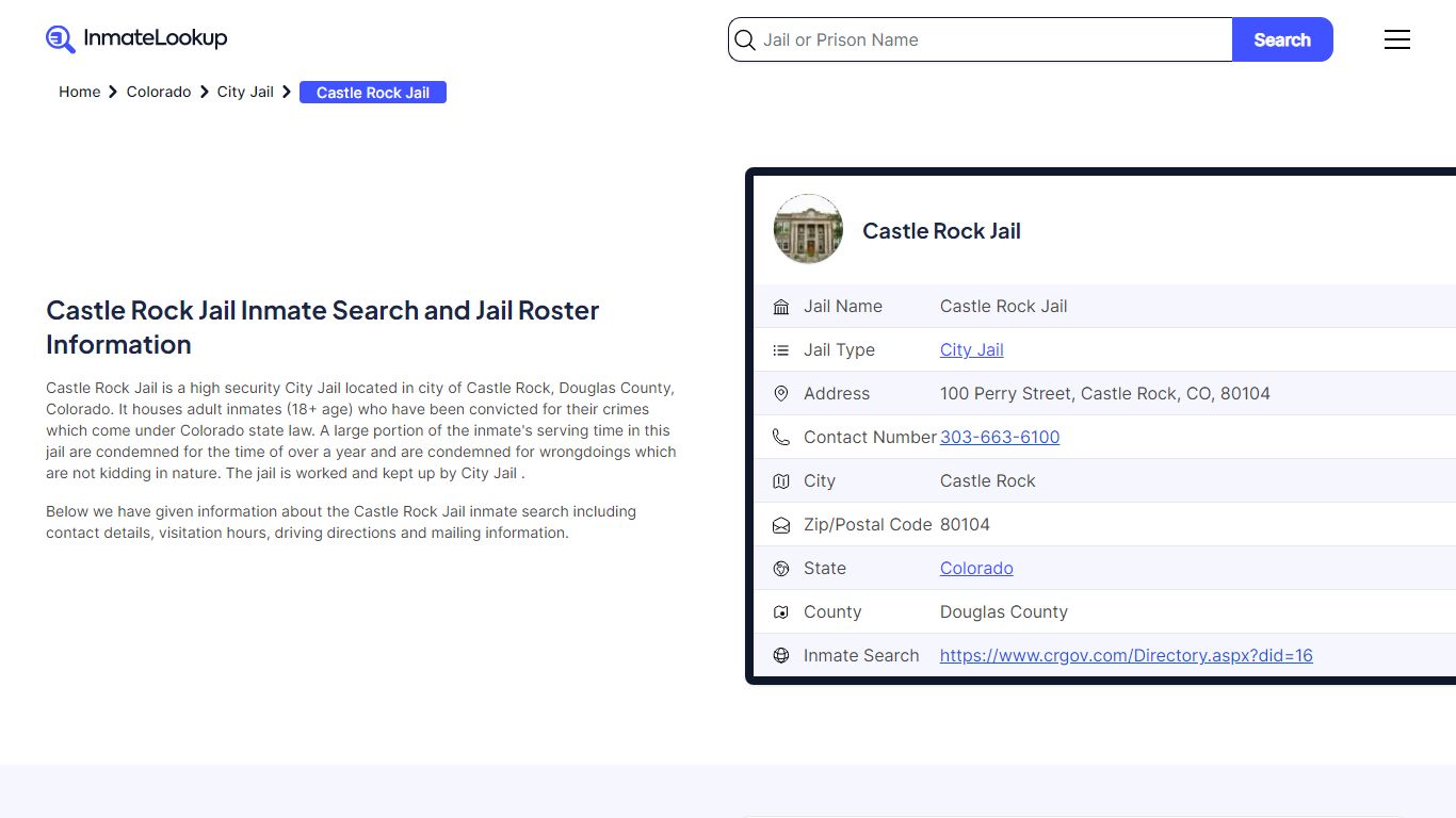 Castle Rock Jail Inmate Search and Jail Roster Information - Inmate Lookup